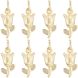 Настоящее золото 18K 8 шт. Латунные брелоки из прозрачного кубического циркония с микропаве, цветок, долговечный, без кадмия и без свинца, стойки покрытие, с целью перехода в кольце, реальный 18 k позолоченный, 13x6.5x3 мм, отверстие : 3.4 мм