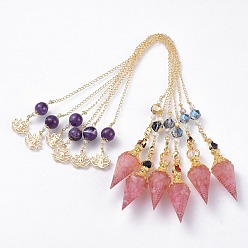 Розовый Кварц Маятники для биолокации с шестигранной головкой из смолы (латунная находка и драгоценный камень внутри), с латунной цепью, чакра, граненые, конус, золотые, 360 мм