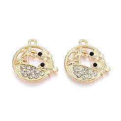 Золотой Подвески из сплава и страз, плоские круглые с рыбой, золотые, 21x20.5x3 мм, отверстие : 1.6 мм
