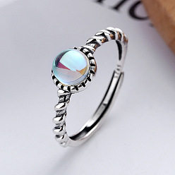 Плоский Круглый 925 регулируемые кольца из стерлингового серебра и натурального лунного камня, античное серебро, плоско-круглые, внутренний диаметр: 16~19 мм