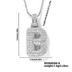 Letter B Элегантные латунные микропаве прозрачные кубические цирконии 3d начальные ожерелья, идеальный подарок для нее, платина, В письме, 15.75 дюйм (40 см)