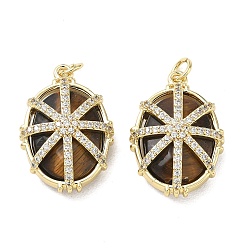 Ojo de Tigre Colgantes facetados de ojo de tigre natural, Charms ovalados de circonita cúbica transparente con micropavé de latón, chapado en rack, larga duración plateado, sin plomo y el cadmio, real 18 k chapado en oro, 23.5x16x9 mm, agujero: 3.5 mm