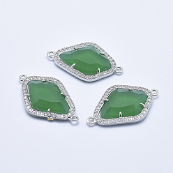 Medium Sea Green Brass Micro Pave Cubic Zirconia Links, with Glass, Faceted, Rhombus, Platinum, Medium Sea Green, 33x20x5mm, Hole: 1.6mm