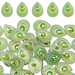 Spring Green 50Pcs Resin Cabochons, Teardrop, with Rhinestone, Spring Green, 24x17.5x4mm