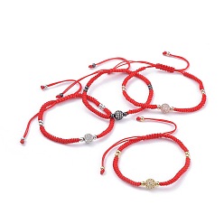 Mixed Color Adjustable Nylon Thread Braided Bead Bracelets, Red String Bracelets, with Brass Micro Pave Cubic Zirconia Beads and Brass Beads, Round, Red, Mixed Color, 2-1/8 inch~3-5/8 inch(5.4~9.2cm)