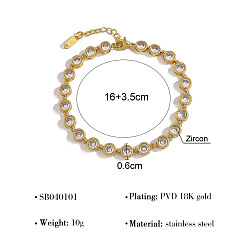 Плоский Круглый 304 Браслеты из нержавеющей стали с цепочкой из прозрачных кубических цирконий для женщин, реальный 18 k позолоченный, плоско-круглые, 6.30 дюйм (16 см)