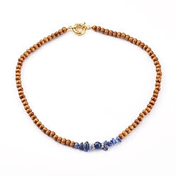 Lapislazuli Perlenketten aus Naturholz, mit natürlichen Lapislazuli-Perlen und Messing-Strassperlen, Runde & chips, golden, 20.07 Zoll (51 cm)