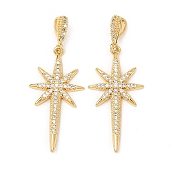 Золотой Латунные микропаве прозрачные подвески с фианитом, звезда, золотые, 33x17x2.5 мм, отверстие : 4x2 мм