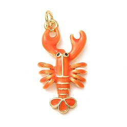Coral Brass with Enamel Pendants, Lobster Charms, Rack Plating, Long-Lasting Plated, Lead Free & Cadmium Free, Real 18K Gold Plated, Coral, 27x13.5x3mm, Hole: 3mm