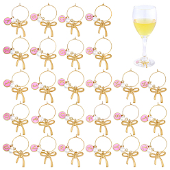 Golden 26Pcs Alloy Enamel Wine Glass Charms, with ABS Plastic Pearl & Brass Wine Glass Charms Ring, Bowknot with Letter A~Z, Golden, 53mm