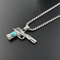 Античный Серебристый & Цвет Нержавеющей Стали Ожерелья с подвеской в форме пистолета в стиле панк-этнизма из нержавеющей стали, с синтетическими бирюзовый, старинное серебро и цвет нержавеющей стали