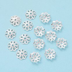 Silver Brass Fancy Bead Caps, Flower, Silver, 8x1.8mm, Hole: 1mm