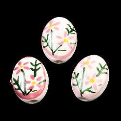 Pink Фарфоровые бусины ручной работы, овальный и цветок, ручная роспись, пастельный фарфор, розовые, 15.5x12x8 мм, отверстие : 2 мм
