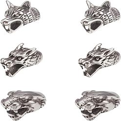 Античное Серебро 304 концы из нержавеющей стали шнур, Торцевые крышки, для изготовления кожаных браслетов, черная голова пантеры, античное серебро, 23~27x10~17x12~18 мм, отверстие : 5.5~8 мм, 6 шт / коробка
