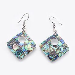 Platinum Abalone Shell/Paua Shell Dangle Earrings, with Brass Findings, Rhombus, Platinum, 55mm, Pin: 0.7mm