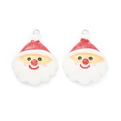 White Resin Pendants, for Christmas Festival, with Platinum Iron Peg Bail, Glitter Powder, Santa Claus, White, 33x25x9mm, Hole: 2mm