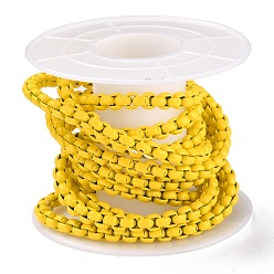Yellow Eco-friendly Spray Painted Handmade Brass Box Chains, Soldered, with Spool, Yellow, 4x4mm, 32.8 Feet(10m)/roll