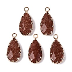 Goldstone Synthetic Goldstone Faceted Pendants, Brass Teardrop Bezeled Charms, Golden, 24~25x10.5~11.5x5~5.5mm, Hole: 2mm