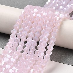 Pink Imitation Jade Electroplate Glass Beads Strands, Pearl Luster Plated, Faceted, Bicone, Pink, 4x4mm, Hole: 0.8mm, about 87~98pcs/strand, 12.76~14.61 inch(32.4~37.1cm)
