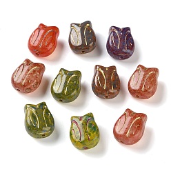 Mixed Color Handmade Lampwork Beads, Tulip Shape, Golden Metal Enlaced, Mixed Color, 12x10x6.5mm, Hole: 1mm