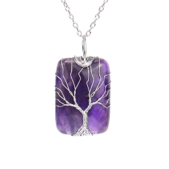 Amethyst Natural Amethyst Pendant Necklace with Brass Cable Chains, Rectangle with Tree, 20.47 inch(52cm)