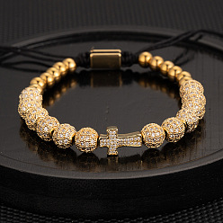 Cross 304 браслеты из плетеных бусин из нержавеющей стали с микропаве из кубического циркония, золотые, крестик, 7-1/8 дюйм (18 см)