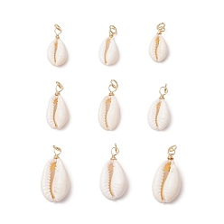 Золотой 9шт. подвески из натуральной ракушки каури, с круглыми медными проволочными петлями и соединительными кольцами, белые, золотые, 19.5~28x9.5~14x5.5~7.5 мм, отверстие : 3.5 мм