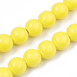 Gelb Sprühlackierte Stränge aus Naturholzperlen, Runde, Gelb, 15~16x14~15 mm, Bohrung: 3~4 mm, ca. 25 Stk. / Strang, 14.17 Zoll~14.45 Zoll (36cm~36.7cm)