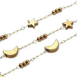 Настоящее золото 18K Ручная работа 304 звезда из нержавеющей стали с немагнитными гематитовыми бусинами и цепочками в виде лунных звеньев, пайки, с 316 цепями и катушкой из нержавеющей стали, ионное покрытие (ip), реальный 18 k позолоченный, бусины: 6x6x2мм и 2.5мм и 8.5x5x2.5мм