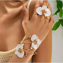 Blanco Conjuntos de joyería de hierro esmaltado, Conjuntos de pulseras y anillos con flores para mujer, dorado, blanco, diámetro interior: 62 mm