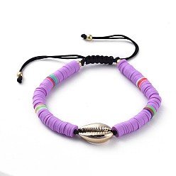 Purple Adjustable Nylon Cord Braided Bead Bracelets, with Polymer Clay Heishi Beads, Electroplated Cowrie Shell Beads and Brass Round Beads, Purple, 2 inch~3-1/2 inch(5~9cm)