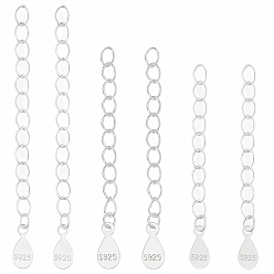 Silver 6Pcs 3 Styles 925 Sterling Silver Twisted Extender Chains, with Teardrop Charms, with 925 Stamp, 1 Sheet Fabric Silver Polishing Cloth, Silver, 33~48mm, 2pcs/style