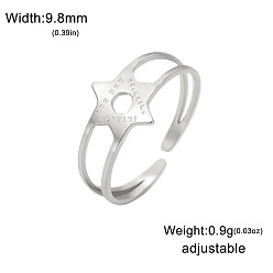 Platinum 304 Stainless Steel Cuff Open Rings, Star of David, Platinum, 15~20mm