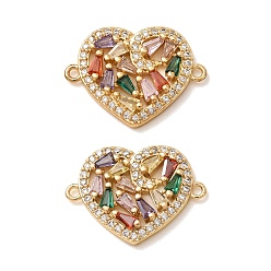 Real 18K Gold Plated Brass Pave Colorful Cubic Zirconia Connector Charms, Heart Links, Rack Plating, Long-Lasting Plated, Cadmium Free & Lead Free, Real 18K Gold Plated, 15x20.5x3mm, Hole: 1.2mm