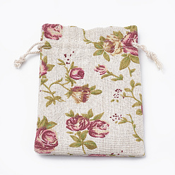 Old Lace Polycotton(Polyester Cotton) Packing Pouches Drawstring Bags, with Printed Flower, Old Lace, 14x10cm