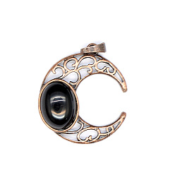 Обсидиан Ретро полые подвески из натурального обсидиана, луна подвески, с красной медной металлической фурнитурой, 34x30 мм