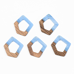 Cornflower Blue Opaque Resin & Walnut Wood Pendants, Polygon, Cornflower Blue, 35x31x3mm, Hole: 2mm