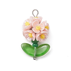 Pink Подвески-цветы из стеклянных бус, с фурнитурой из смолы и латуни, розовые, 25x14x13 мм, отверстие : 3x2.5 мм