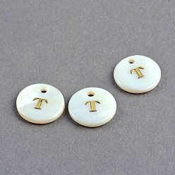 Letter T Подвески из пресноводных оболочек, плоский круглый с золотой блокировкой letter.t, 11.5x2 мм, отверстие : 1.5 мм