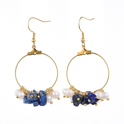 Ляпис-Лазурь Серьги из натурального лазурита, с жемчуг, латунные выводы и 304 крючки для сережек из нержавеющей стали, золотые, 59~60 мм , штифт: 0.6 мм