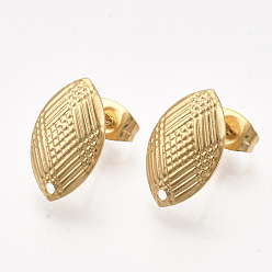 Golden 304 Stainless Steel Stud Earring Findings, with Ear Nuts/Earring Backs, Horse Eye, Golden, 14.5x9mm, Hole: 1mm, Pin: 0.7mm