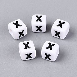 Letter X Opaque Acrylic Beads, Cube with Number, with Enamel, Black, Letter X, 7.5~8x7.5~8x8~8.5mm, Hole: 3.6~4mm, about 1200pcs/500g