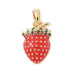 Настоящее золото 18K Латунные микропроволочные кубические циркониевые подвески из эмали, без кадмия, без никеля и без свинца, клубника, реальный 18 k позолоченный, 16x11x4 мм, отверстие : 5x3 мм