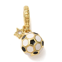 Golden Sports Brass Micro Pave Clear Cubic Zirconia & Enamel Dangle Charms, Large Hole Pendants, Football & Star, Golden, 22mm, Hole: 4.5mm