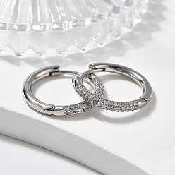 Платинированный Серьги-кольца из латуни с микро-паве из фианита, долговечный, кольцо, прозрачные, Реальная платина, 20x2.5 мм, штифты : 0.8 мм