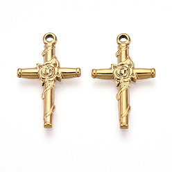 Настоящее золото 18K 304 подвески из нержавеющей стали, ионное покрытие (ip), крест с подвесками из роз, реальный 18 k позолоченный, 21x13x2 мм, отверстие : 1 мм