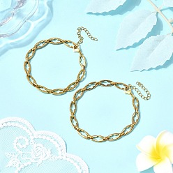 Real 18K Gold Plated 2Pcs 2 Styles 304 Stainless Steel Hollow Cross-Linked Chain Bracelets for Couple, Real 18K Gold Plated, 7-3/8~8 inch(18.8~20.4cm)
