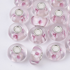 Misty Rose Handmade Lampwork European Beads, Inner Flower, Large Hole Beads, with Silver Color Plated Brass Single Cores, Rondelle, Misty Rose, 14x7.5mm, Hole: 4mm