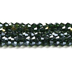 Dark Green Transparent Electroplate Glass Beads Strands, AB Color Plated, Faceted, Bicone, Dark Green, 4x4mm, Hole: 0.8mm, about 82~85pcs/strand, 12.01~12.2 inch(30.5~31cm)