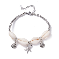 White Natural Cowrie Shell Beads Anklet, Starfish & Shell Shape Charm Anklet for Girl Women, Platinum, White, 8-7/8 inch(22.5cm)